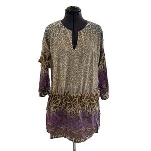 Lemon Collection Sz L Top Tunic V-Neck  Cotton Side Vent Hem Arruchged Bladders